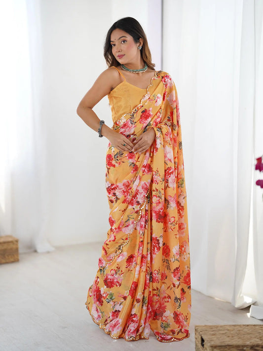 Orange Chinon Saree with Designer Digital Print & Mirror Cut Work