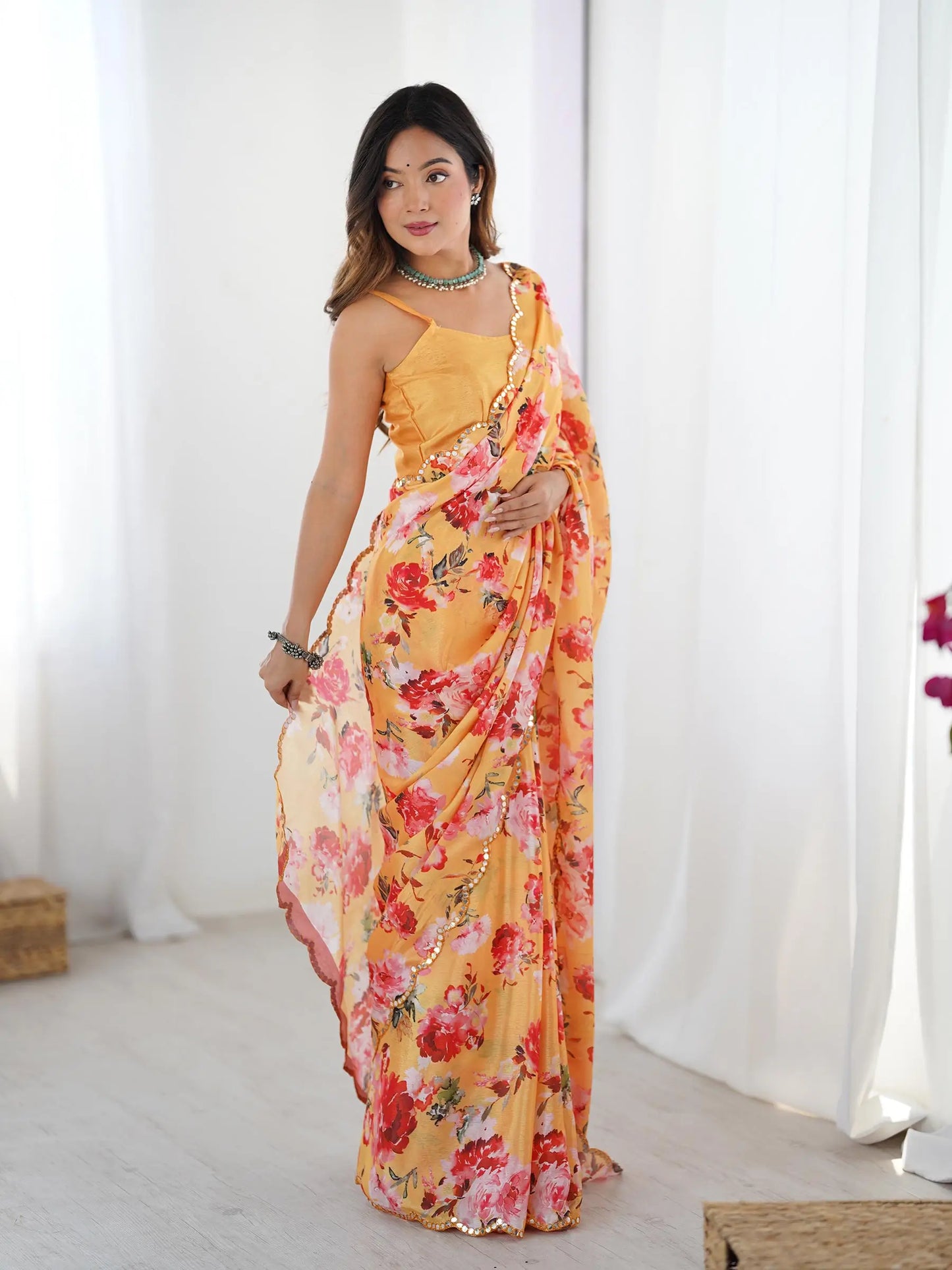 Orange Chinon Saree with Designer Digital Print & Mirror Cut Work