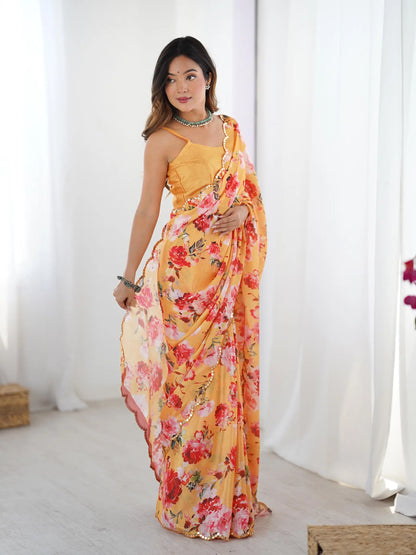 Orange Chinon Saree with Designer Digital Print & Mirror Cut Work