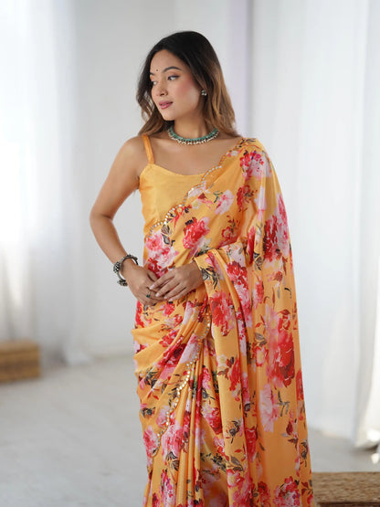 Orange Chinon Saree with Designer Digital Print & Mirror Cut Work