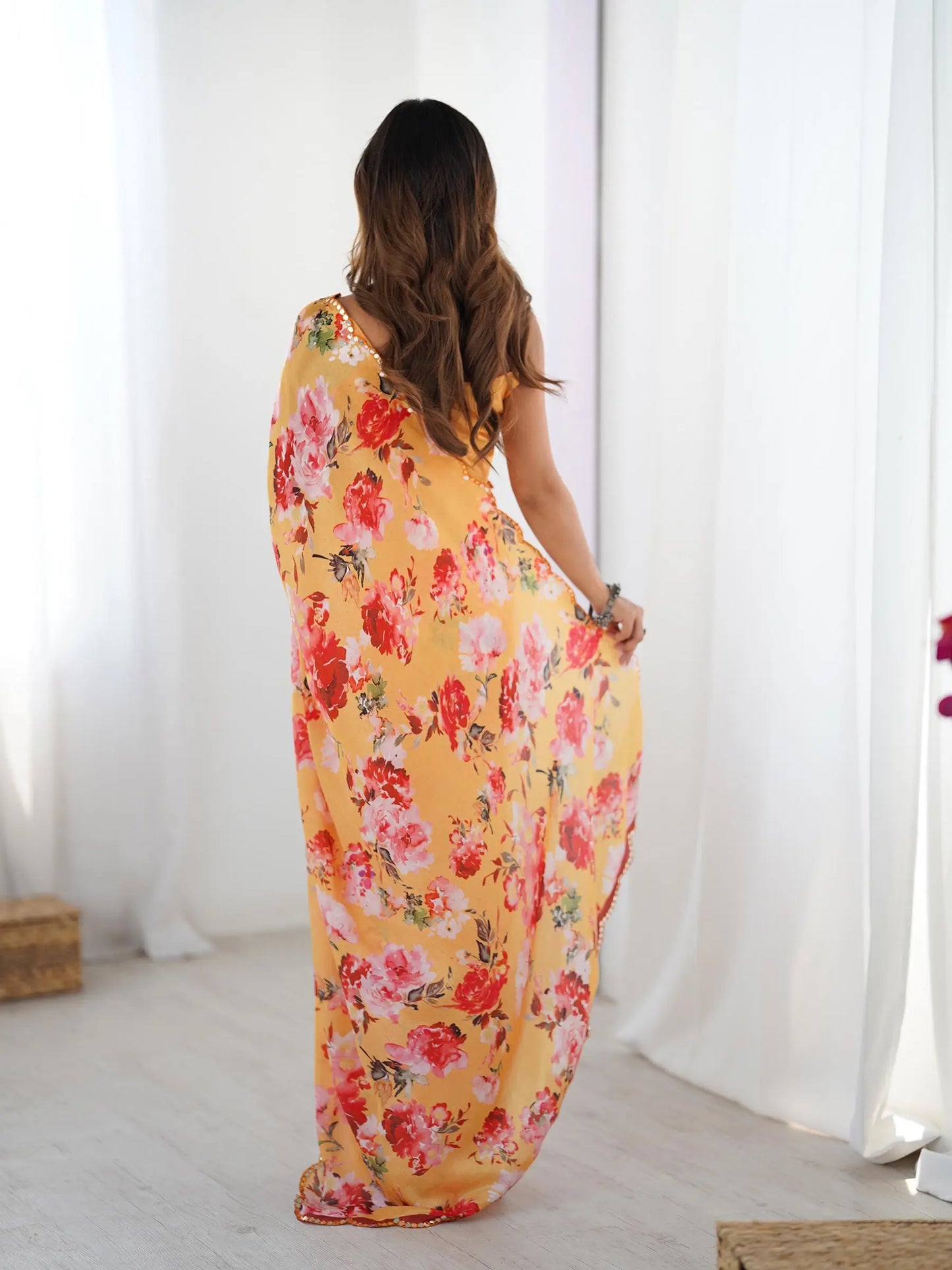Orange Chinon Saree with Designer Digital Print & Mirror Cut Work