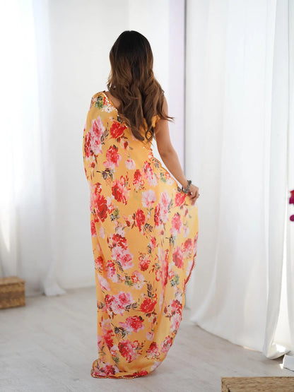Orange Chinon Saree with Designer Digital Print & Mirror Cut Work