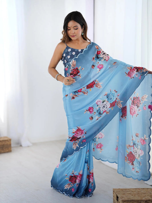 Dark Blue Chinon Saree with Designer Digital Print & Mirror Cut Work