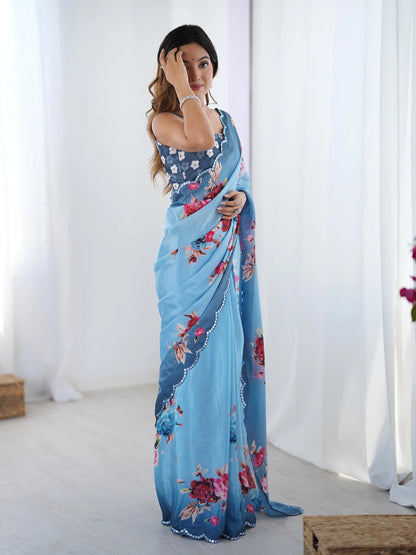 Dark Blue Chinon Saree with Designer Digital Print & Mirror Cut Work