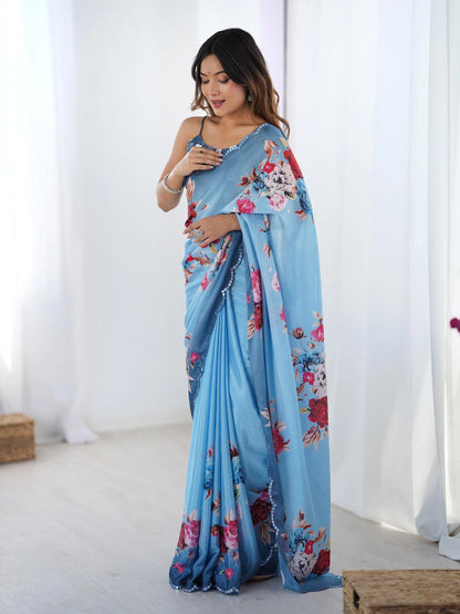 Dark Blue Chinon Saree with Designer Digital Print & Mirror Cut Work