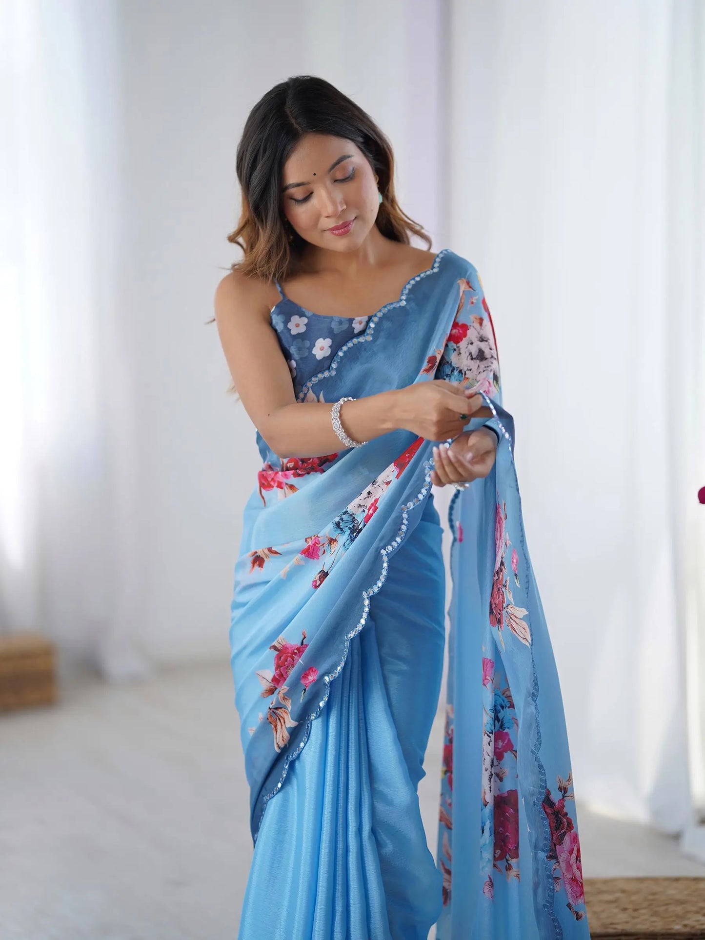 Dark Blue Chinon Saree with Designer Digital Print & Mirror Cut Work