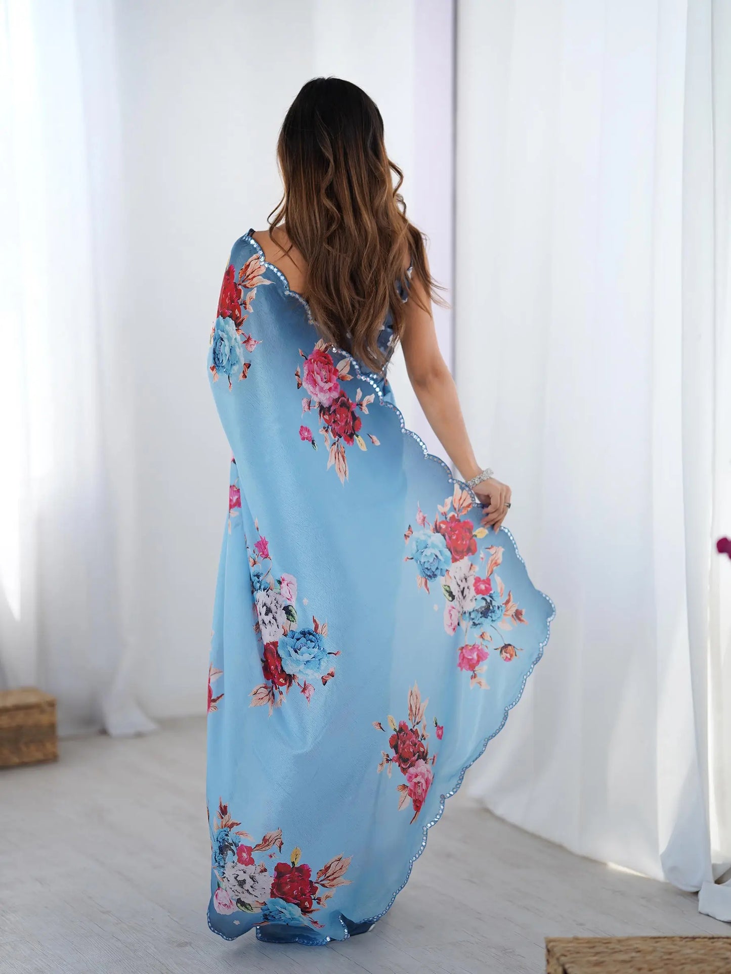 Dark Blue Chinon Saree with Designer Digital Print & Mirror Cut Work