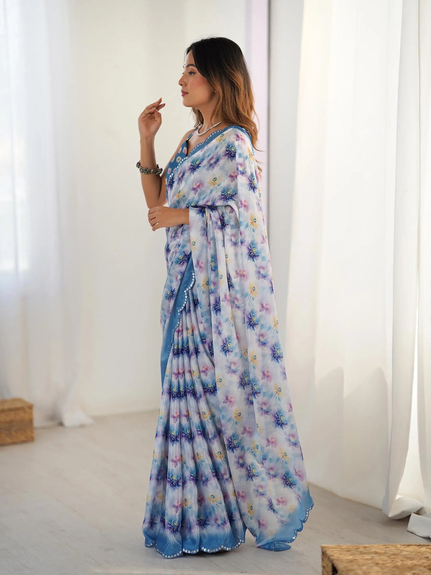 Blue Chinon Saree with Designer Digital Print & Mirror Cut Work