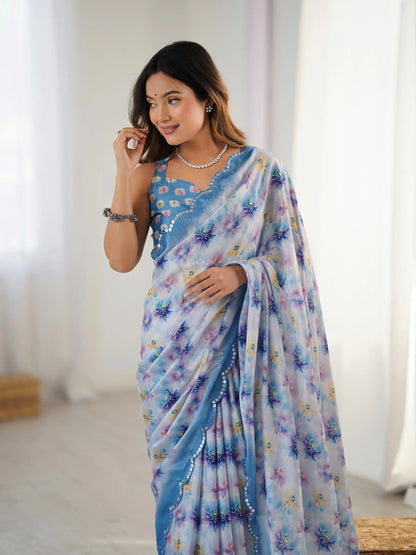 Blue Chinon Saree with Designer Digital Print & Mirror Cut Work