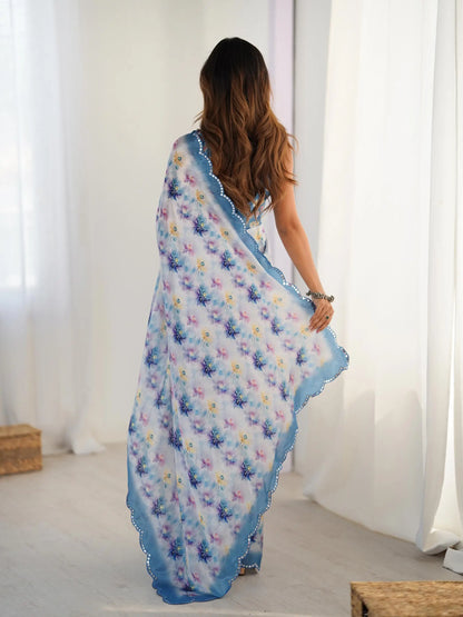 Blue Chinon Saree with Designer Digital Print & Mirror Cut Work