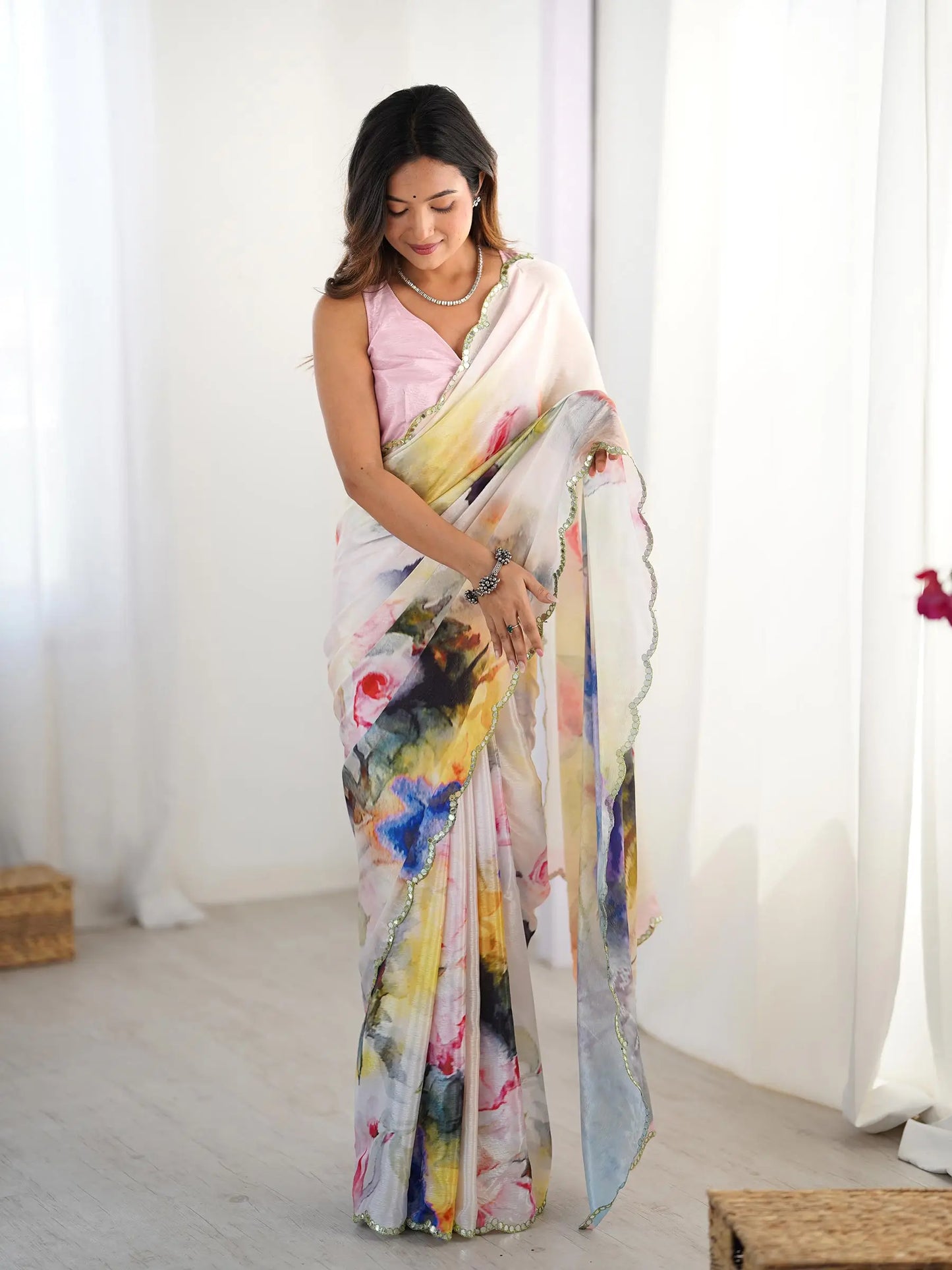 Multi Color  Chinon Saree with Designer Digital Print & Mirror Cut Work