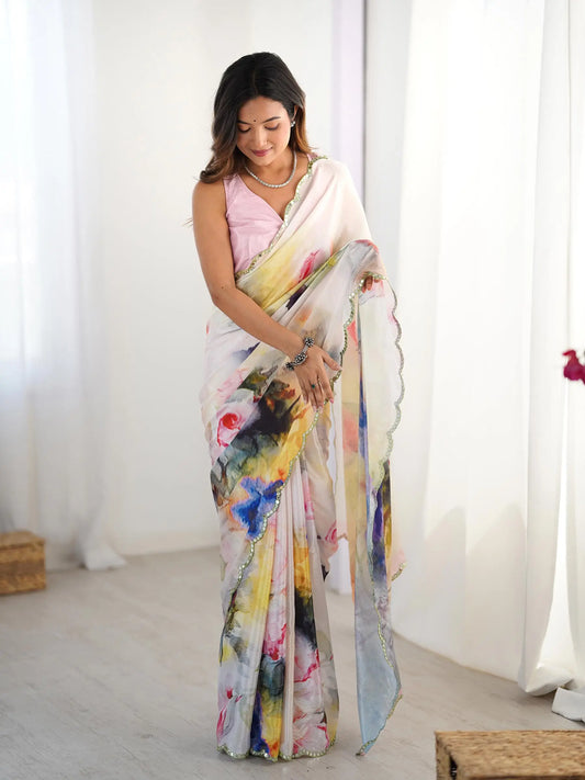 Multi Color  Chinon Saree with Designer Digital Print & Mirror Cut Work