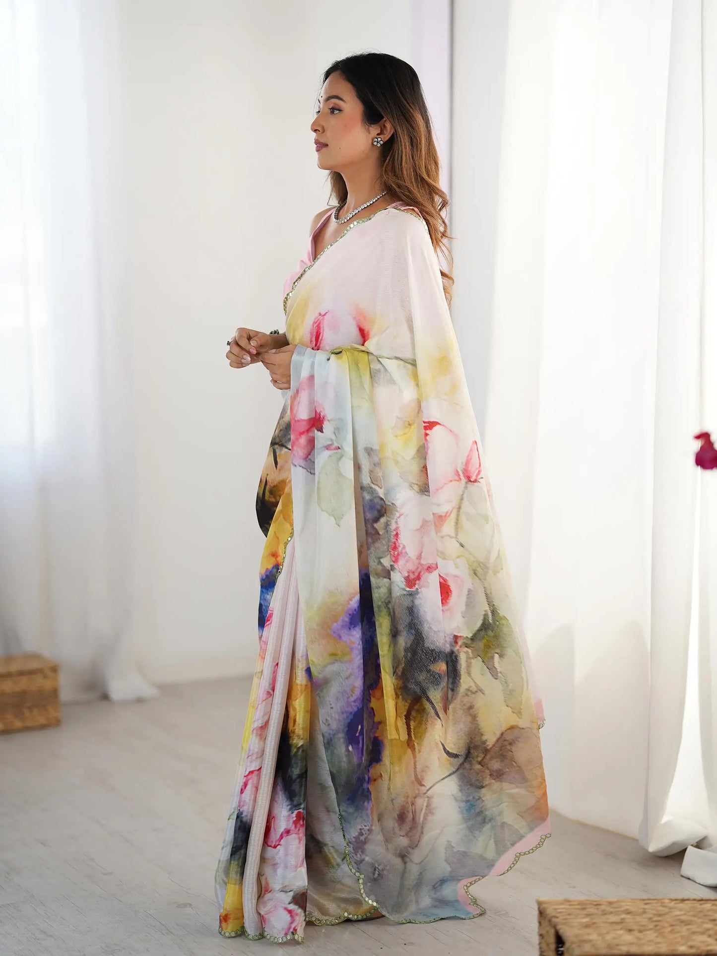 Multi Color  Chinon Saree with Designer Digital Print & Mirror Cut Work