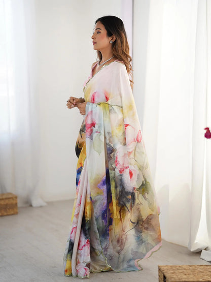 Multi Color  Chinon Saree with Designer Digital Print & Mirror Cut Work