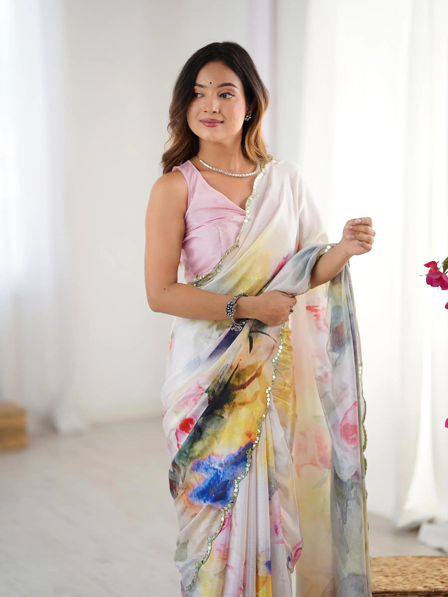 Multi Color  Chinon Saree with Designer Digital Print & Mirror Cut Work