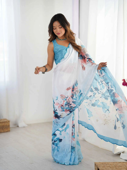 Cloudy Blue Digital Floral Print With Mirror Cut Work Saree