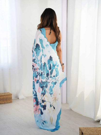 Cloudy Blue Digital Floral Print With Mirror Cut Work Saree