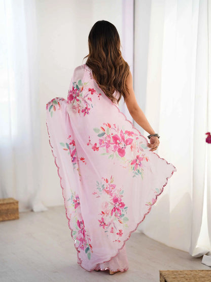 Pastel Baby Pink Digital Floral Print With Mirror Cut Work Saree