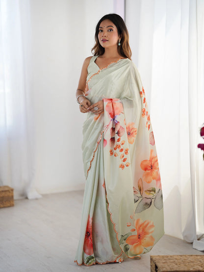 Dark Beige Digital Floral Print With Mirror Cut Work Saree