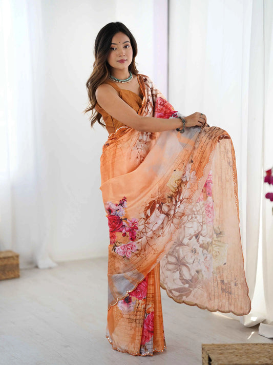 Peach Brown Digital Floral Print With Mirror Cut Work Saree