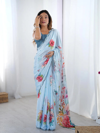 Sky Blue Chinon Saree with Designer Digital Print & Mirror Cut Work