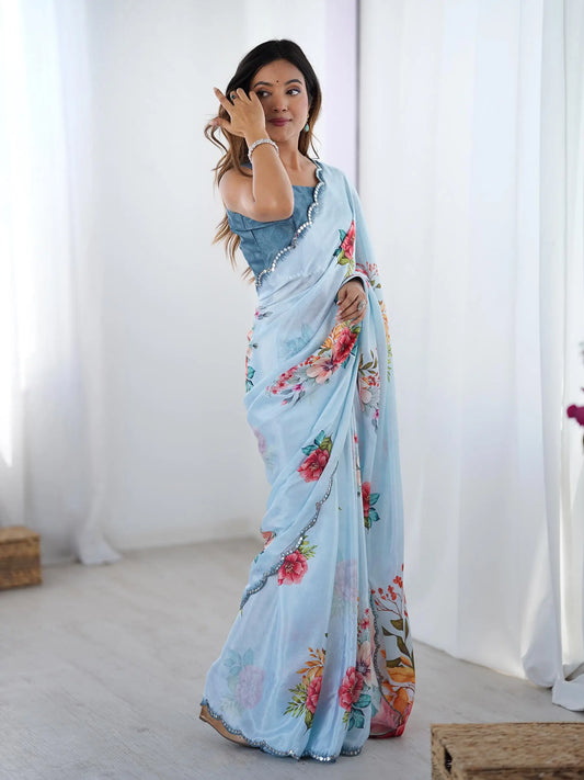 Sky Blue Chinon Saree with Designer Digital Print & Mirror Cut Work