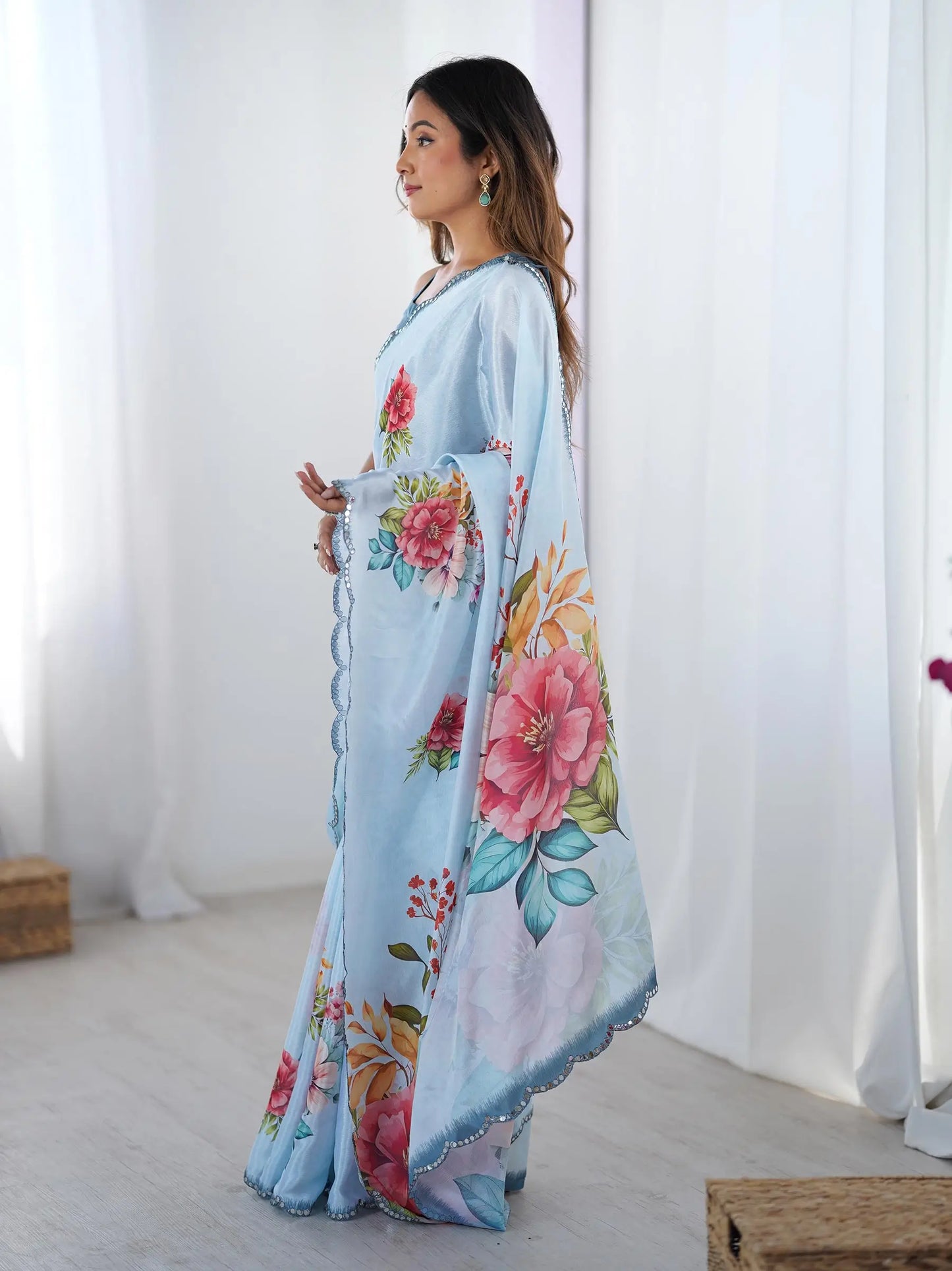 Sky Blue Chinon Saree with Designer Digital Print & Mirror Cut Work