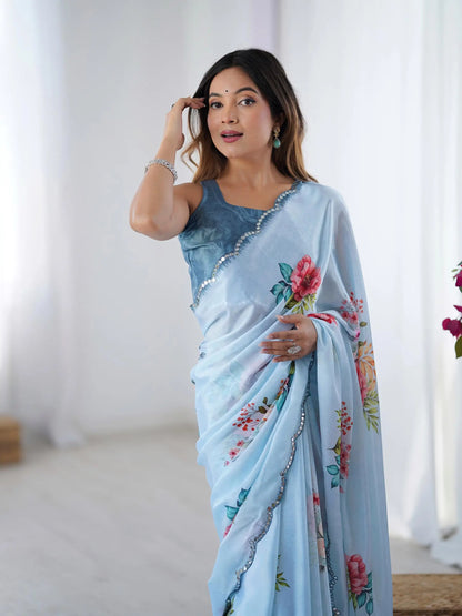 Sky Blue Chinon Saree with Designer Digital Print & Mirror Cut Work