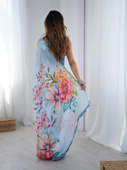 Sky Blue Chinon Saree with Designer Digital Print & Mirror Cut Work