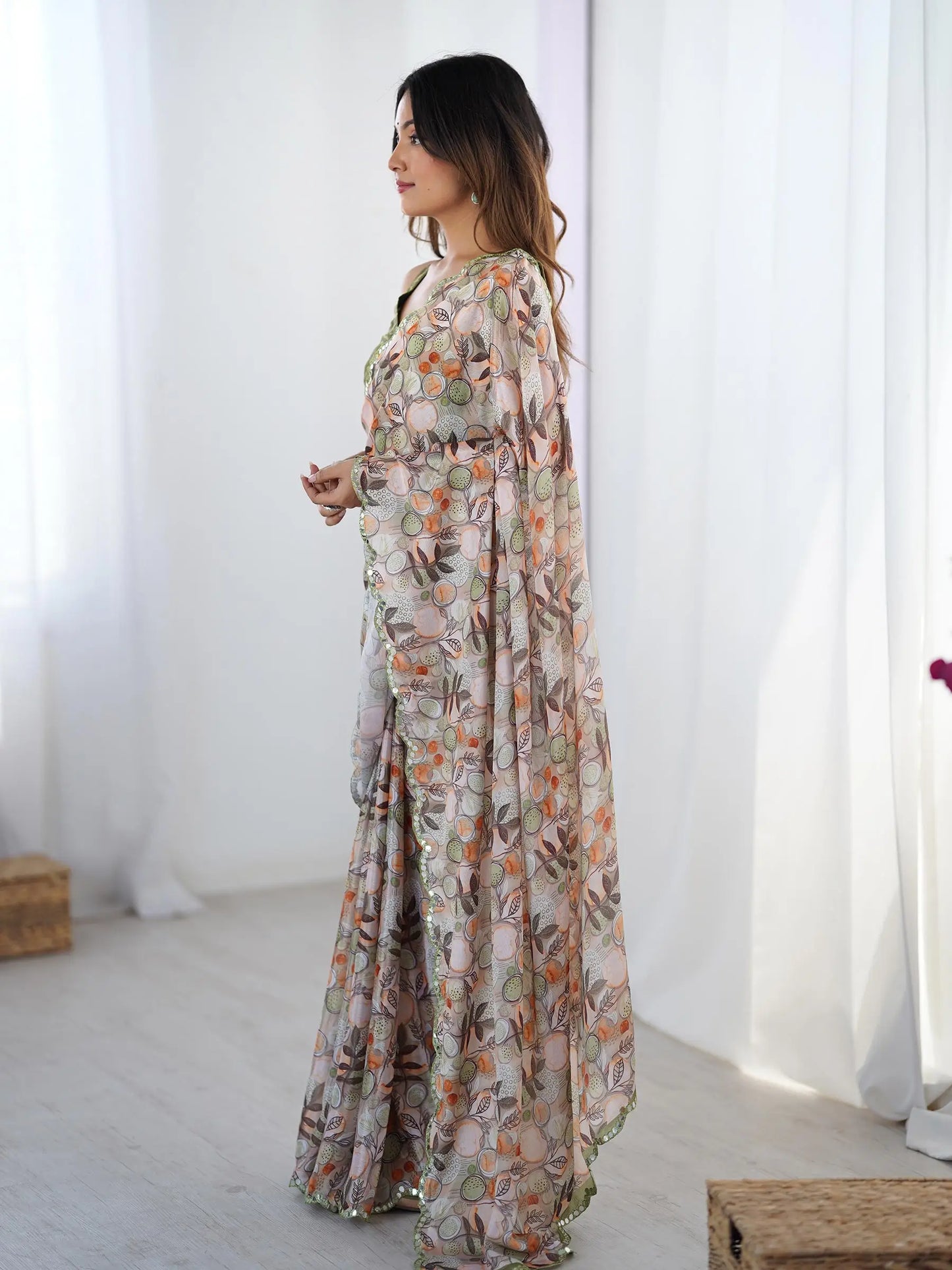 Beige  Chinon Saree with Designer Digital Print & Mirror Cut Work