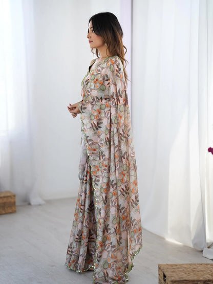 Beige  Chinon Saree with Designer Digital Print & Mirror Cut Work
