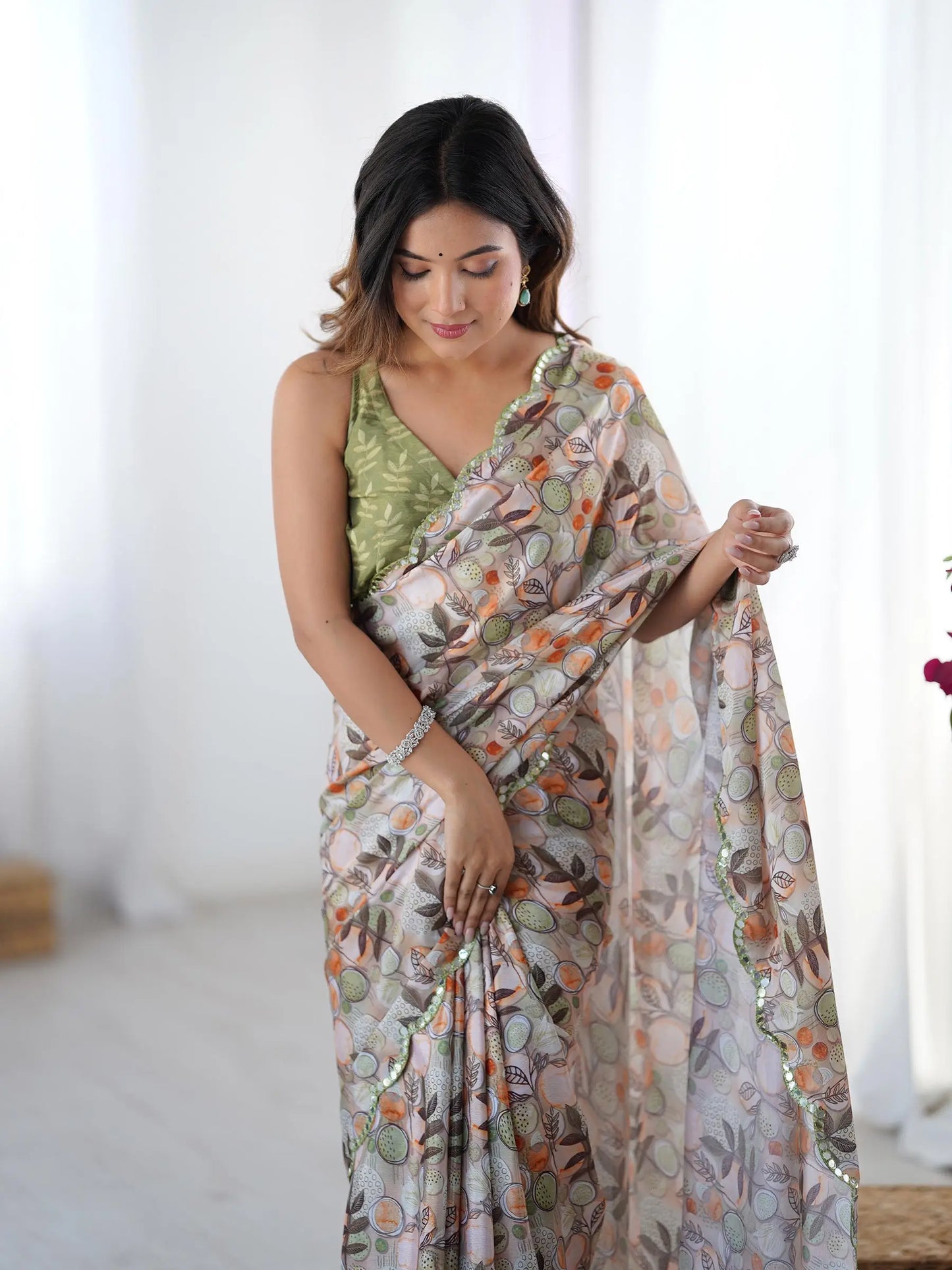 Beige  Chinon Saree with Designer Digital Print & Mirror Cut Work