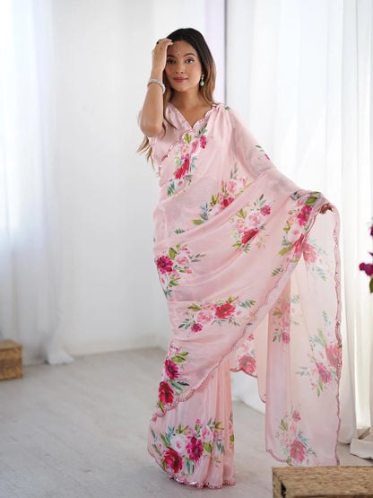 Pink Chinon Saree with Designer Digital Print & Mirror Cut Work
