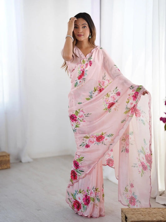 Pink Chinon Saree with Designer Digital Print & Mirror Cut Work