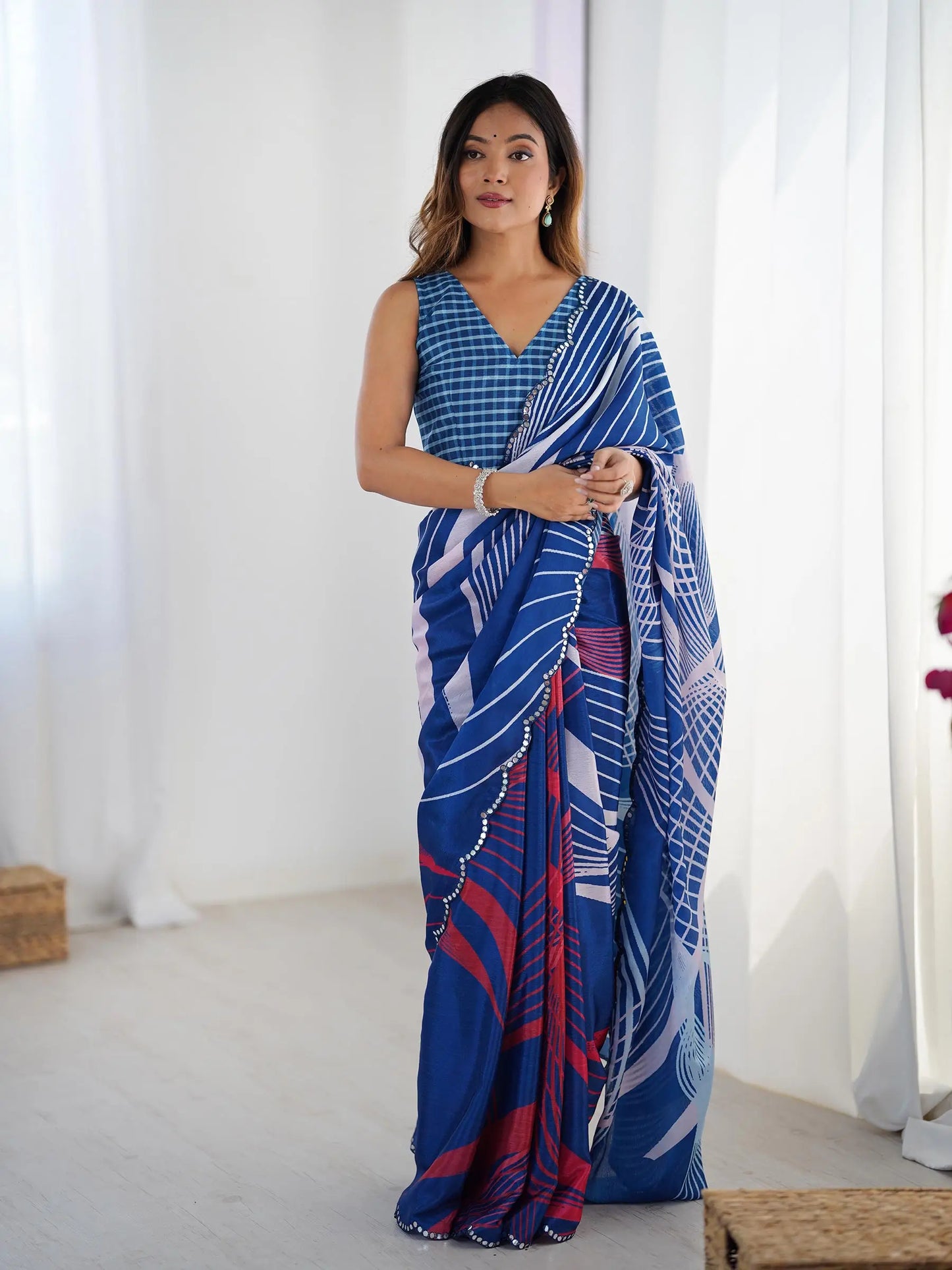 Blue  Chinon Saree with Designer Digital Print & Mirror Cut Work