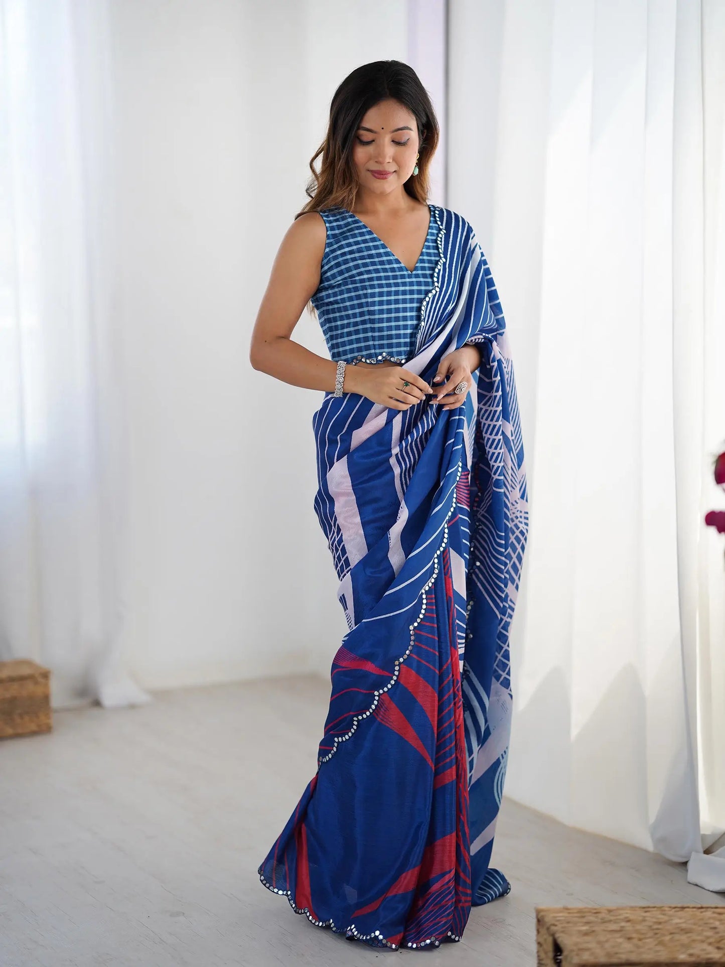Blue  Chinon Saree with Designer Digital Print & Mirror Cut Work
