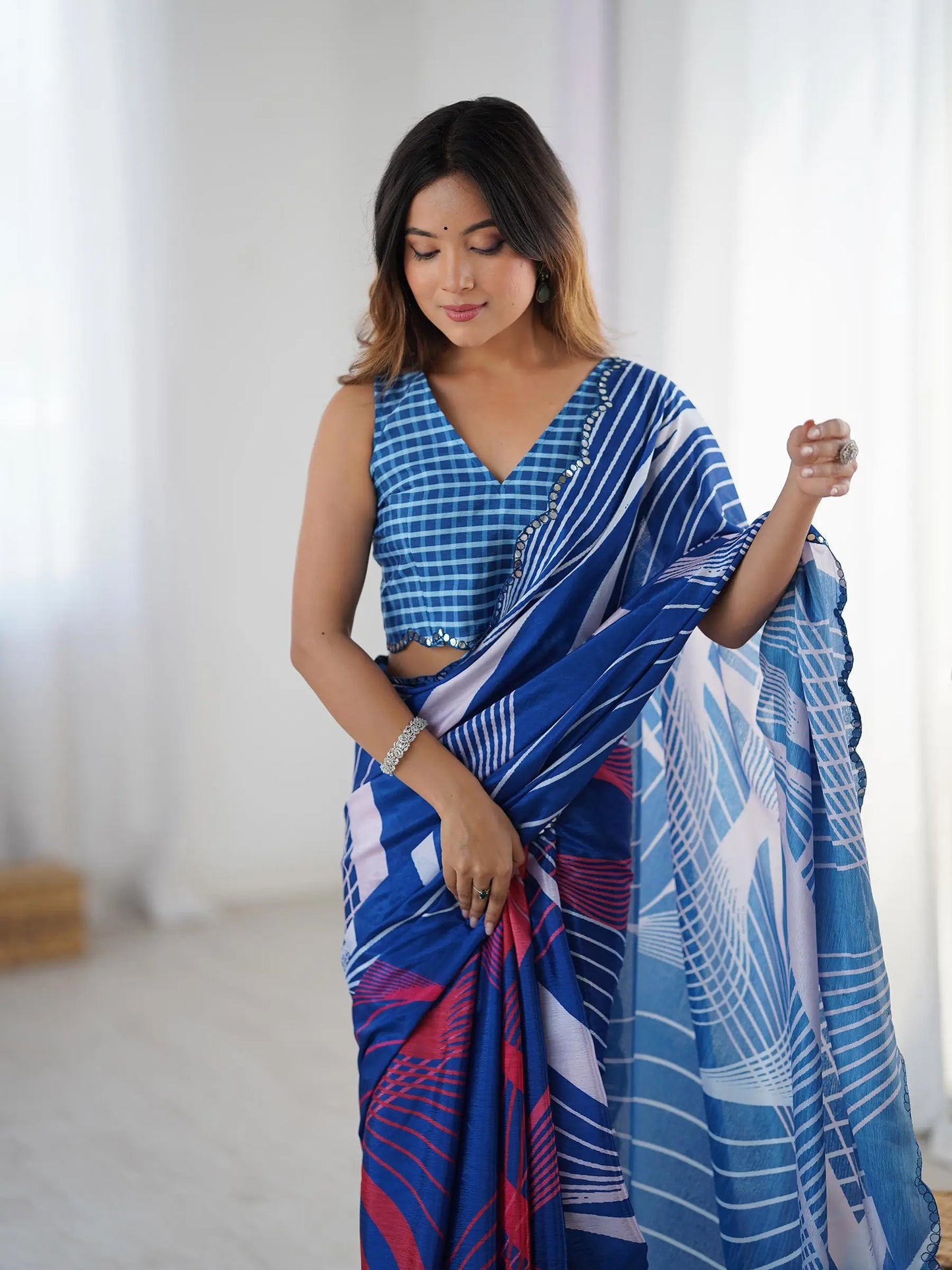Blue  Chinon Saree with Designer Digital Print & Mirror Cut Work