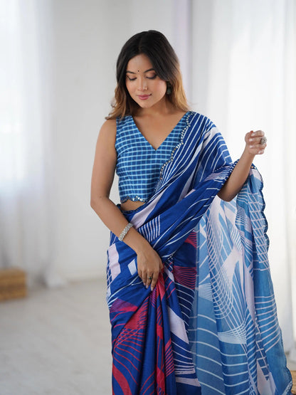 Blue  Chinon Saree with Designer Digital Print & Mirror Cut Work