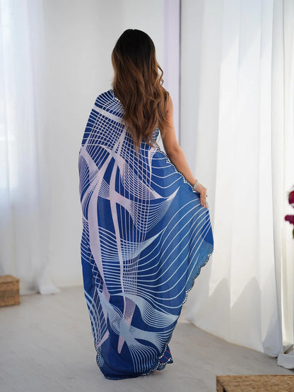 Blue  Chinon Saree with Designer Digital Print & Mirror Cut Work