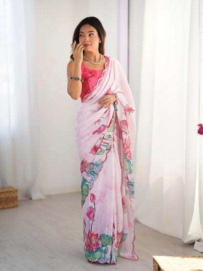 Pink  Chinon Saree with Designer Digital Print & Mirror Cut Work