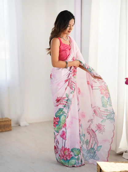 Pink  Chinon Saree with Designer Digital Print & Mirror Cut Work