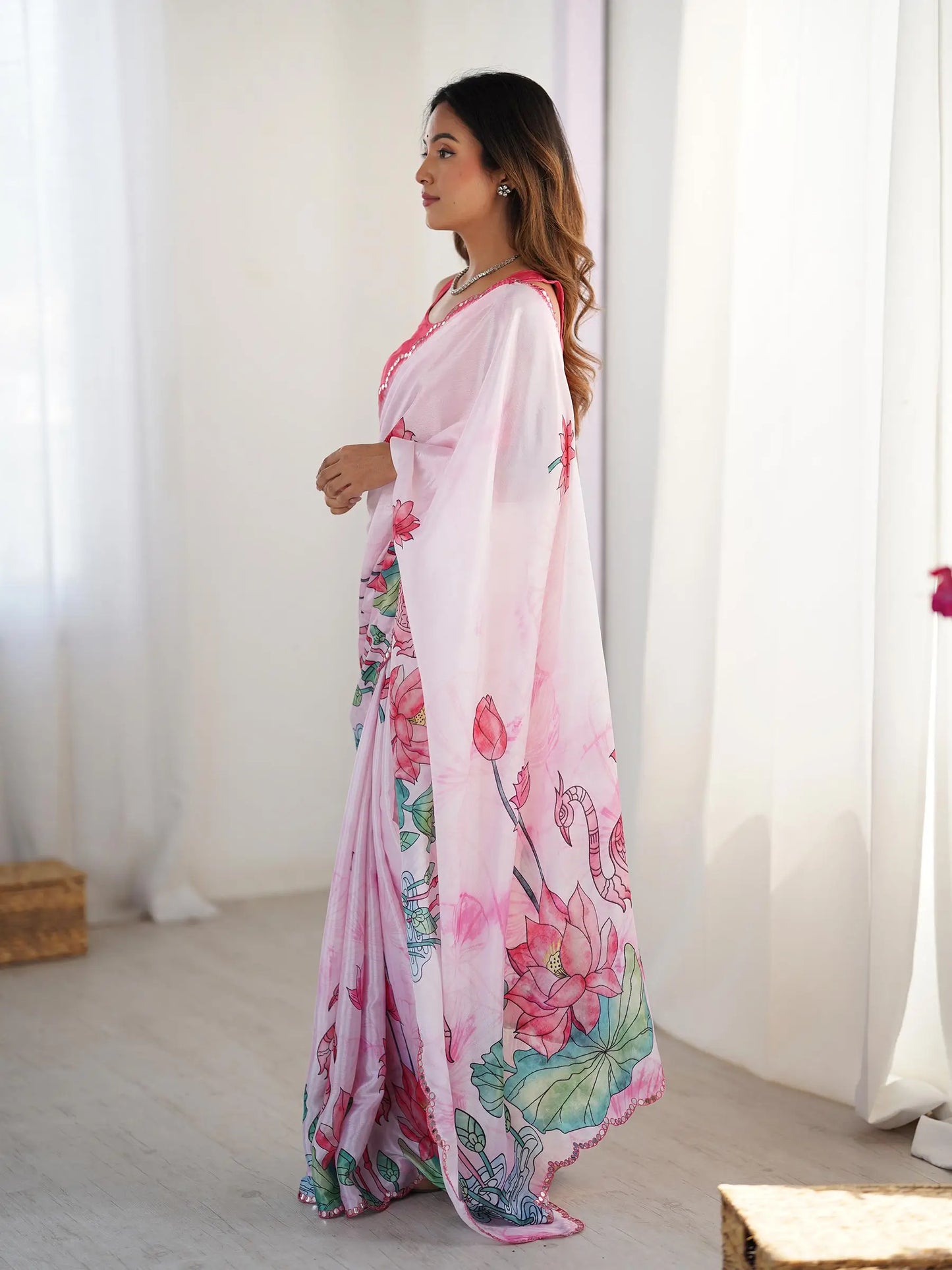 Pink  Chinon Saree with Designer Digital Print & Mirror Cut Work