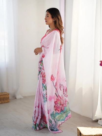Pink  Chinon Saree with Designer Digital Print & Mirror Cut Work