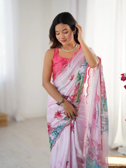 Pink  Chinon Saree with Designer Digital Print & Mirror Cut Work