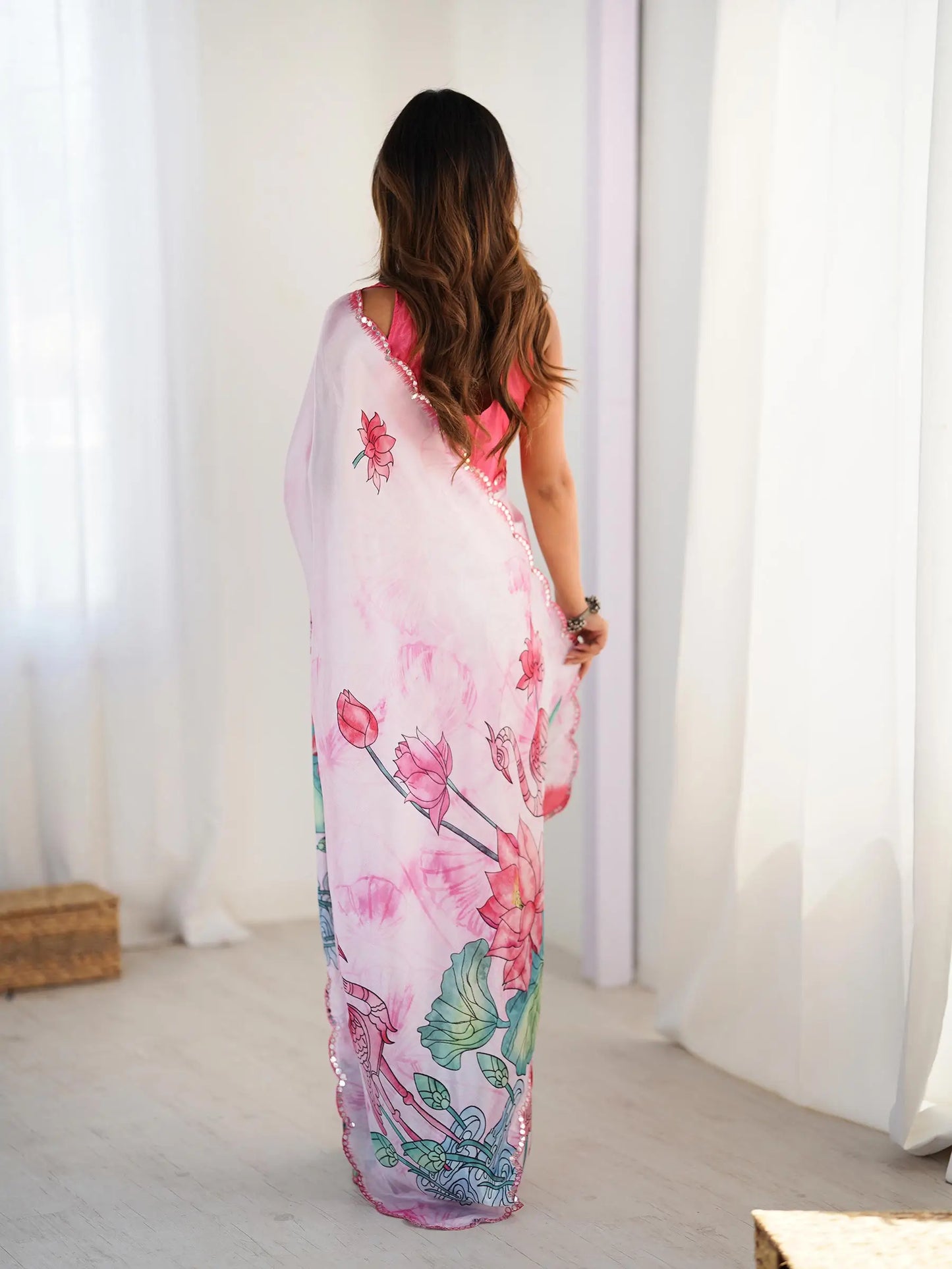 Pink  Chinon Saree with Designer Digital Print & Mirror Cut Work