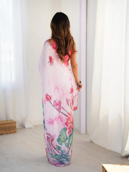 Pink  Chinon Saree with Designer Digital Print & Mirror Cut Work