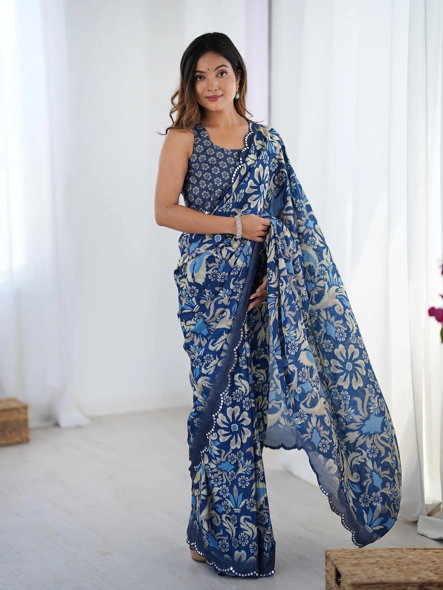 Dark Blue Chinon Saree with Designer Digital Print & Mirror Cut Work
