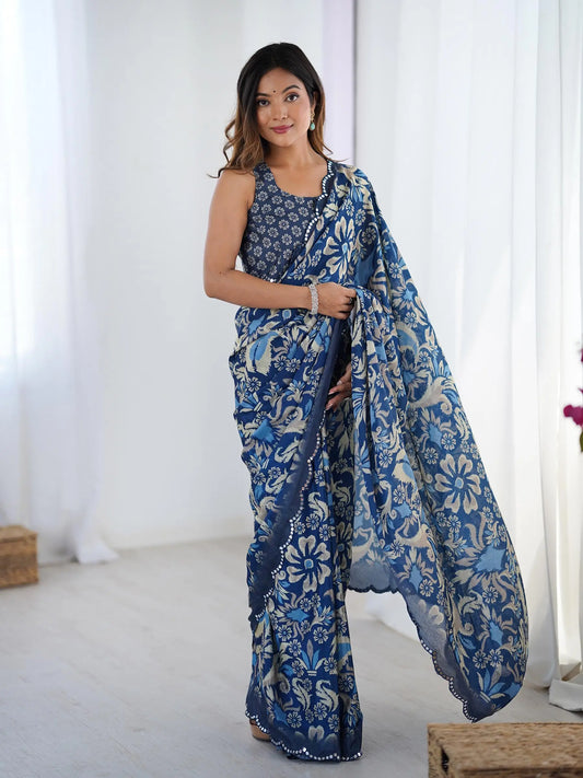 Dark Blue Chinon Saree with Designer Digital Print & Mirror Cut Work