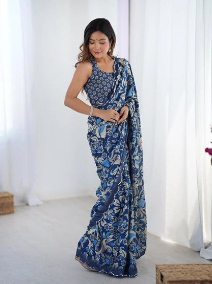 Dark Blue Chinon Saree with Designer Digital Print & Mirror Cut Work