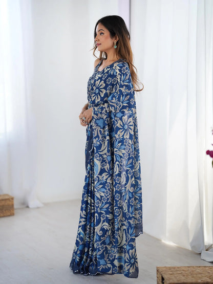 Dark Blue Chinon Saree with Designer Digital Print & Mirror Cut Work